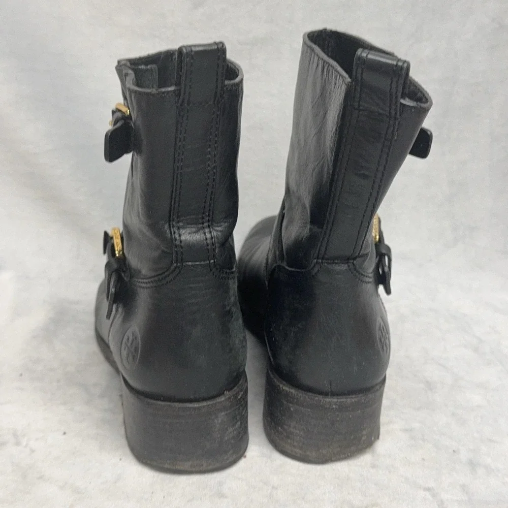 Tory Burch Boots Womens Size 8.5 Black Leather Ankle Biker Buckle Booties